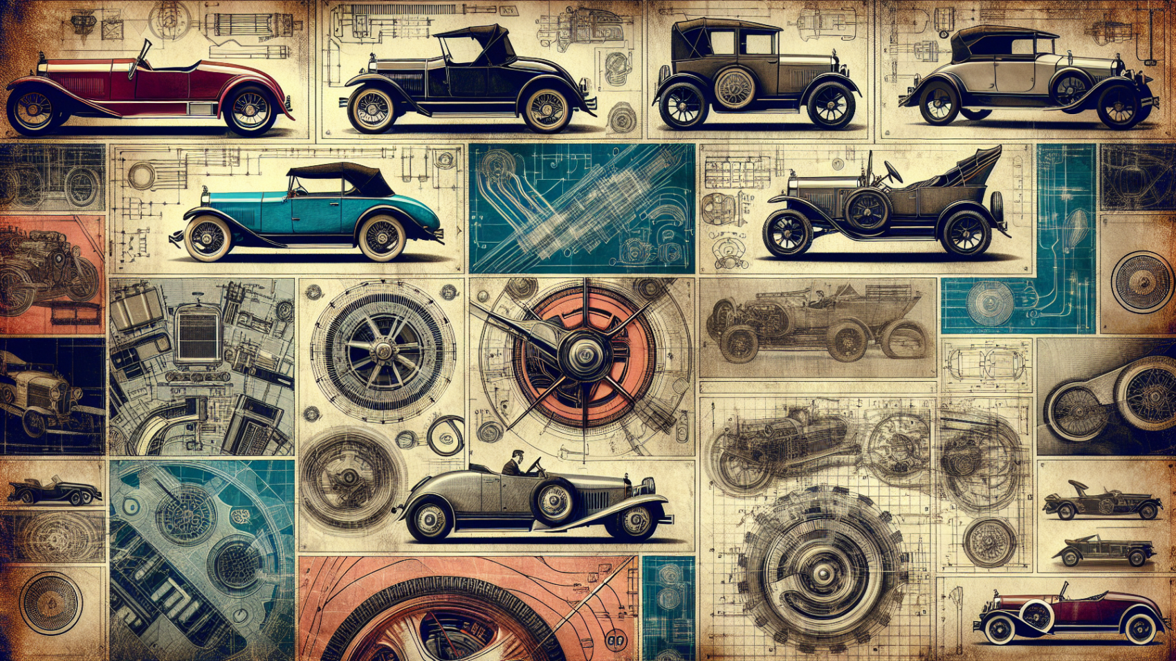 Collage of vintage cars with technical drawings and schematics in a detailed design.