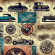 Collage of vintage cars with technical drawings and schematics in a detailed design.