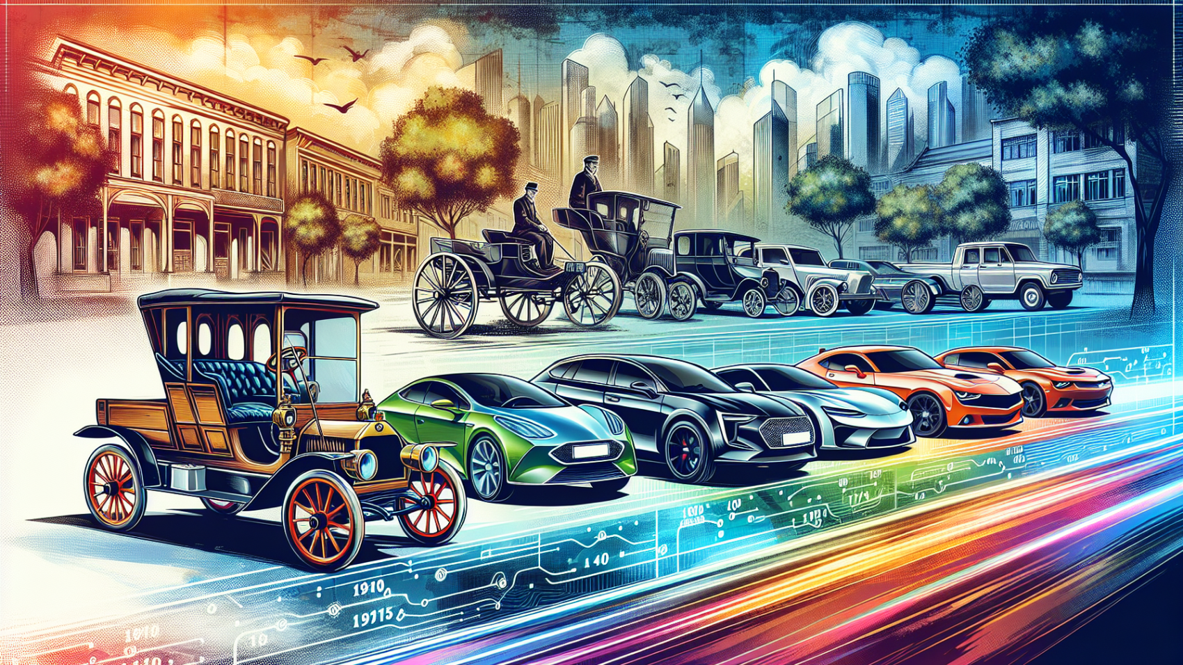 Illustration depicting the evolution of automobiles from early models to modern cars in a colorful design.